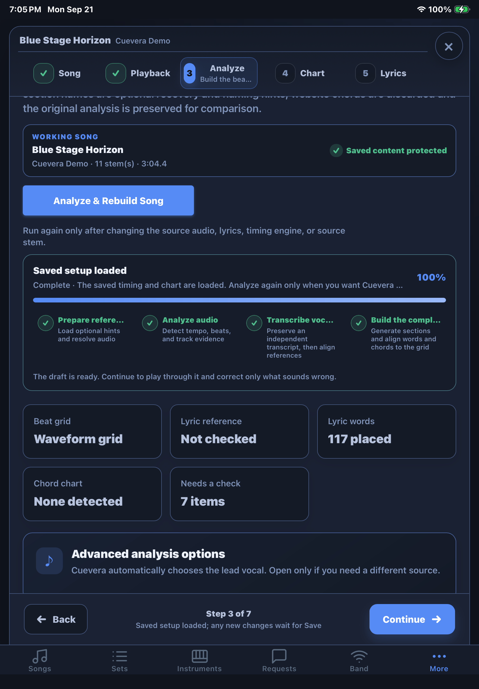 Cuevera Prepare Song Analyze step showing saved-content protection, completed analysis stages, lyric placement, and review counts