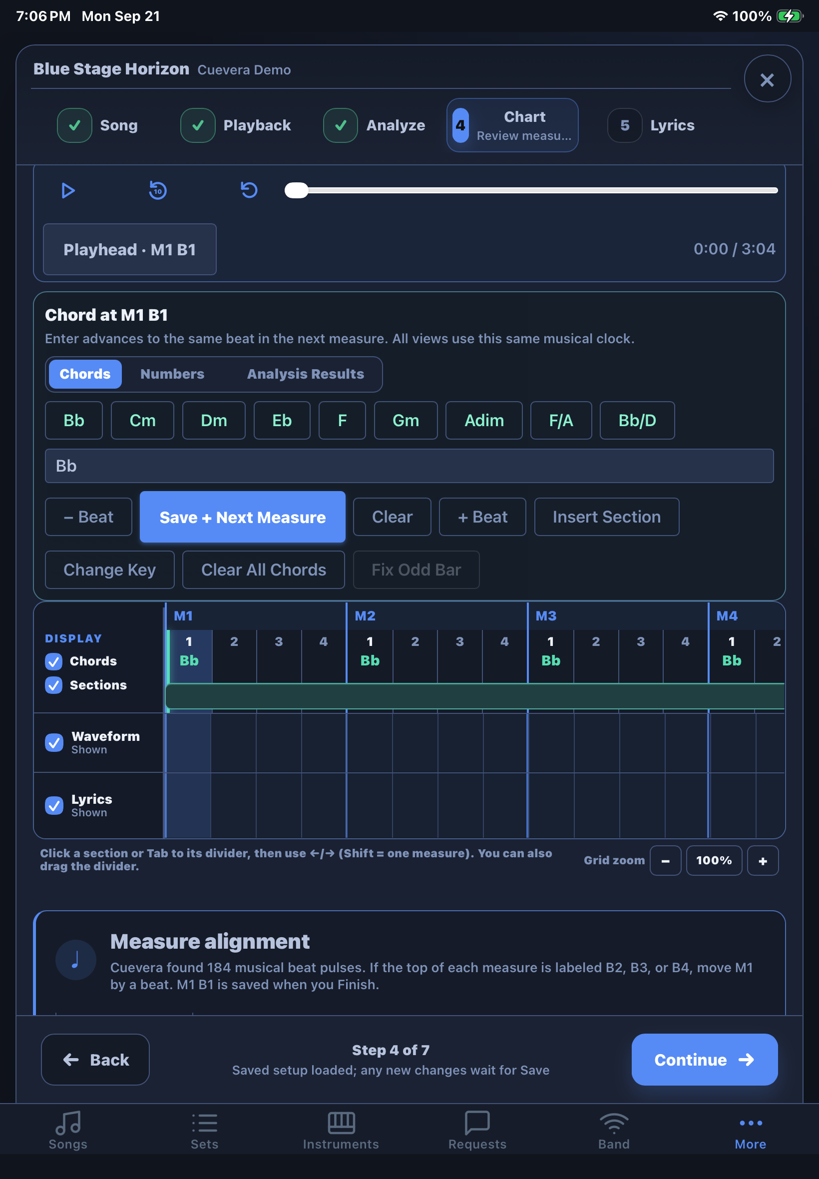 Cuevera Prepare Song chart editor with chords, measures, beats, sections, lyrics, and alignment guidance