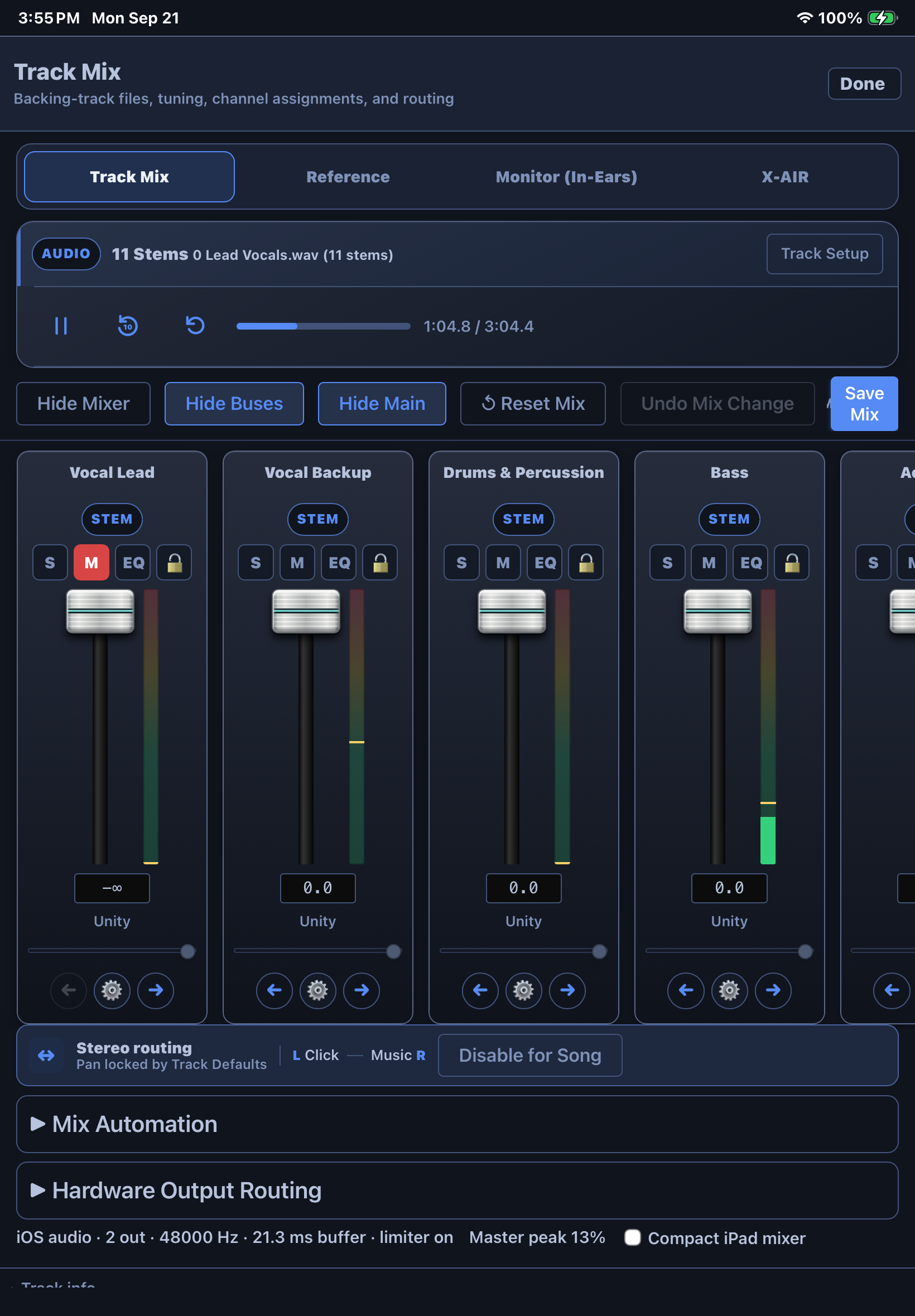 Cuevera Track Mix showing synchronized vocal, drum, bass, and instrument channels with level and routing controls