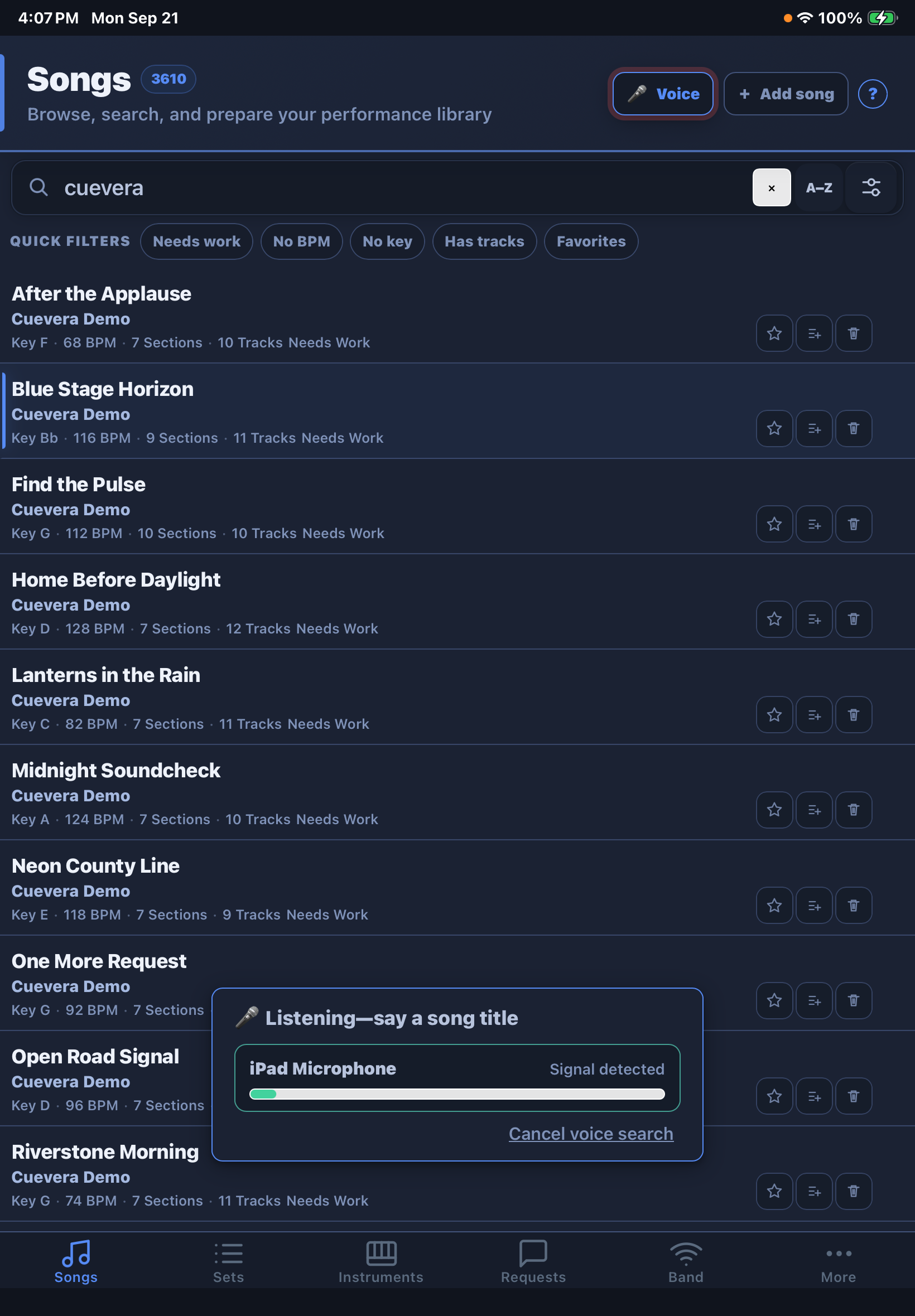 Cuevera listening for a spoken song title in the local performance library
